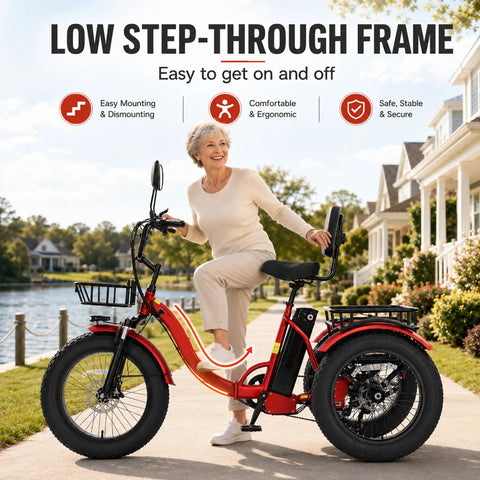 All Terrain Fat Tire Electric Tricycle For Adults With 750W Motor And Removable 48V 15.6Ah Battery, 40 To 60 Mile Range For City Cruisin And Errands, 20 Inch By 4 Inch Fat Tires, 3 Wheel E Trike, 330 Lb Payload, Heavy Duty High Carbon Steel Frame, Front low step-through frame with rider