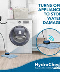 Smart Water Leak Detector Alarm For Home And Basement, shown with washing machine, demonstrating flood prevention.