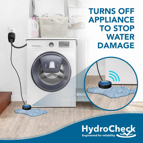 Smart Water Leak Detector Alarm For Home And Basement, shown with washing machine, demonstrating flood prevention.