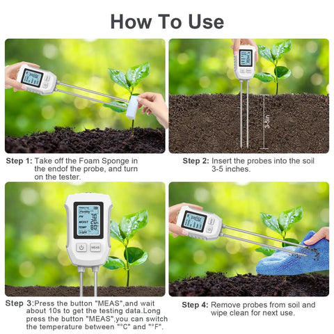 Step-by-step guide using No Fuss All In One 5 In 1 Soil Tester with Dual Probe Digital 2026 Soil Meter in a garden