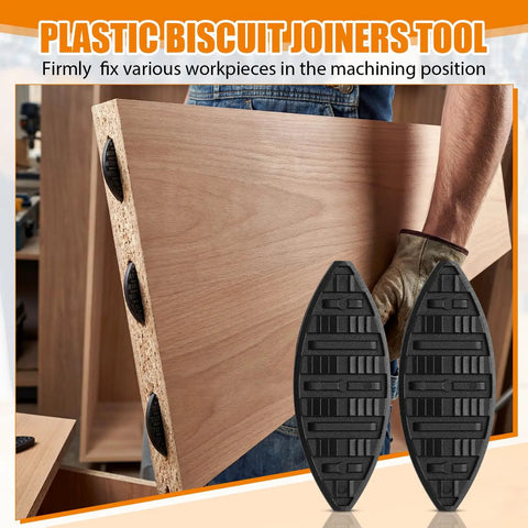 Budget-Friendly Biscuit Joiner Kit with 100-Piece Durable Plastic Joining Biscuits and self-clamping plates in wood panel