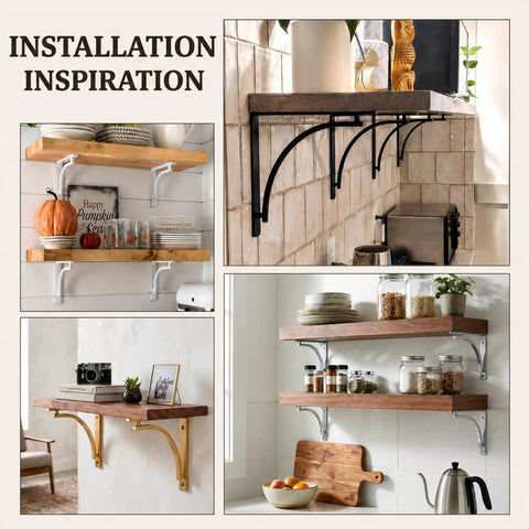 Compilation of shelves with heavy duty 10 inch black L shelf brackets set of 4, showcasing various installations in kitchens and living rooms.