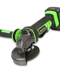 Heavy Duty Four Inch Cordless Angle Grinder With 20V Lithium Ion Battery And 4 Amp Hour Power Pack, featuring a robust design and precision attachments.