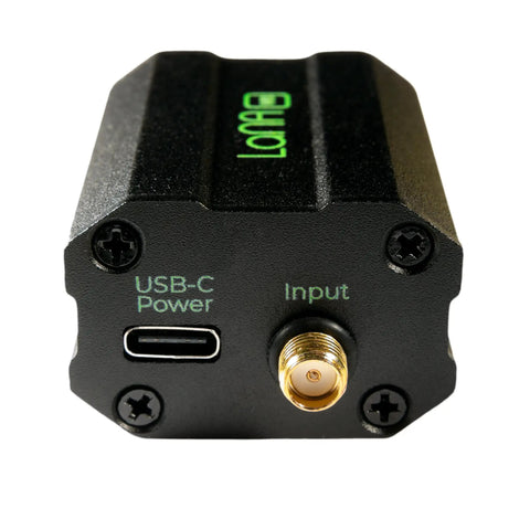 Front view of Ultra Low Noise LNA Module for RF and SDR with Enclosure and USB Power Options, Wideband 300MHz to 8GHz