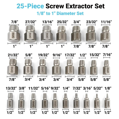 Pro Grade 25 Piece Screw Extractor Set With EZ Out Bolt Remover, chrome molybdenum alloy steel, various hex and spline sizes.