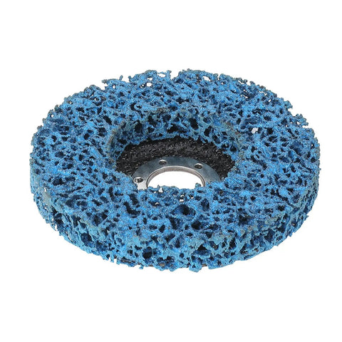 Blue nylon cleaning wheel from Five Piece Poly Strip Abrasive Disc Set For Angle Grinder Rust And Paint Removal.