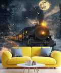 Epic Steam Locomotive Wall Mural 3D Train Wallpaper For Living Room And Bedroom, snow scene with full moon, 177x120 inches