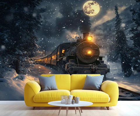 Epic Steam Locomotive Wall Mural 3D Train Wallpaper For Living Room And Bedroom, snow scene with full moon, 177x120 inches