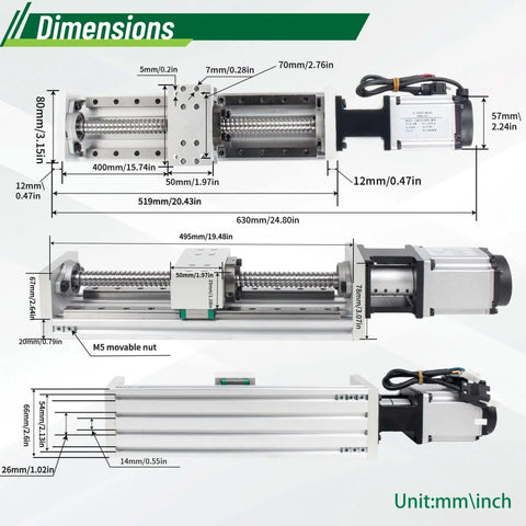 Dimensions of Servo Linear Actuator ZBX80 Plus CNC Motion Platform with 400W servo motor, 400mm travel, aluminum alloy rail guide.