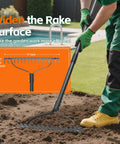 Person using the Beefy 63 Inch Heavy Duty Metal Garden Rake With Ergonomic Handle 17 Tines For Loosening Compact Soil