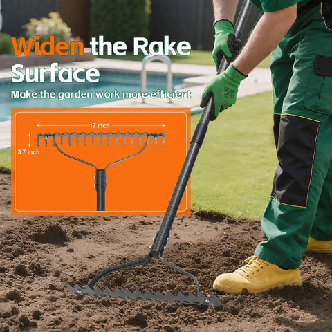 Person using the Beefy 63 Inch Heavy Duty Metal Garden Rake With Ergonomic Handle 17 Tines For Loosening Compact Soil