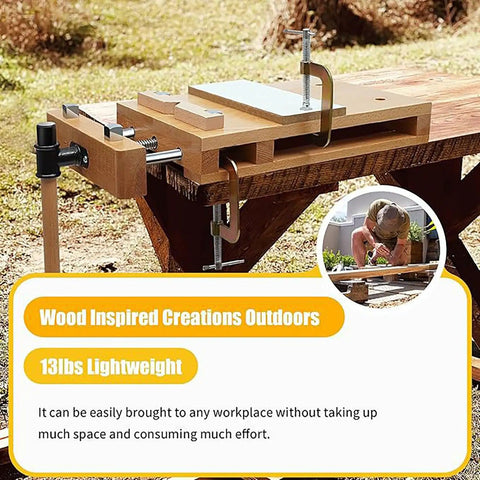 Heavy Duty Portable Woodworking Bench Vise With Adjustable Screw Handle For Hardwood Clamp On Workbench, outdoors setup on wood.