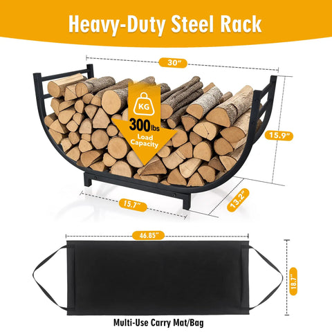 Curved Firewood Rack For Indoor And Outdoor Use, Heavy Duty Metal Log Holder With Detachable Haul Bag, 300 lbs capacity