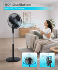 16 Inch Stand Fan With Pedestal Base Height Adjustable Remote Control Touch Panel Free Standing 90 Degree Oscillation And 3 Speed Settings Quiet Powerful Cooling For Bedrooms Offices Garages Dorms displayed in living room with woman enjoying airflow