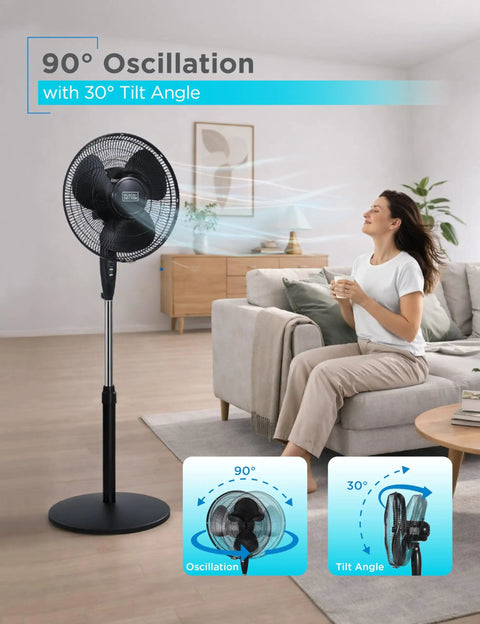 16 Inch Stand Fan With Pedestal Base Height Adjustable Remote Control Touch Panel Free Standing 90 Degree Oscillation And 3 Speed Settings Quiet Powerful Cooling For Bedrooms Offices Garages Dorms displayed in living room with woman enjoying airflow