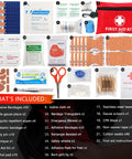 Mini first aid kit in a red zip pouch; 147-piece set with bandages, gauze, scissors, tweezers, CPR mask, and more.