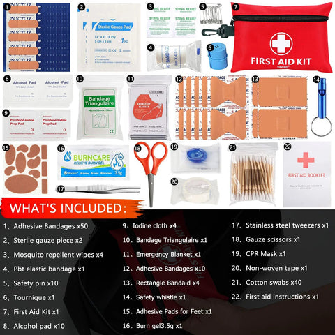Mini first aid kit in a red zip pouch; 147-piece set with bandages, gauze, scissors, tweezers, CPR mask, and more.