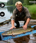 Man measuring fish with 53 Inch Waterproof Folding Fishing Ruler with Bump Board, portable tape on dock, blue design.