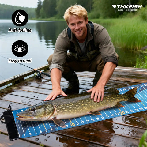 Man measuring fish with 53 Inch Waterproof Folding Fishing Ruler with Bump Board, portable tape on dock, blue design.
