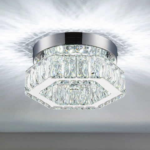 6.3 Inch Crystal Ceiling Light Fixture Mini Square Chandelier With Sparkling K9 Crystals And Stainless Steel Trim In 6500K Cool White LED Flush Mount