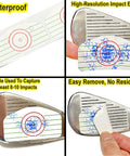 Golf Impact Tape Labels 250 Pcs Roll For Swing Training Irons And Woods Club Face Stickers showing impact marks on club.