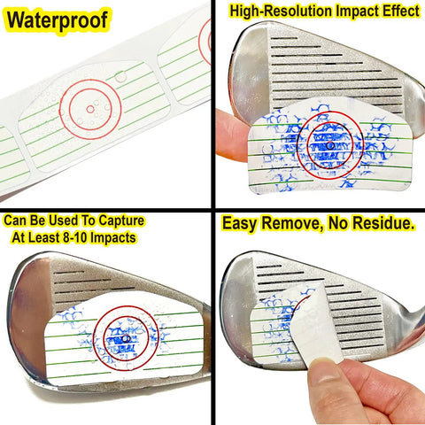 Golf Impact Tape Labels 250 Pcs Roll For Swing Training Irons And Woods Club Face Stickers showing impact marks on club.