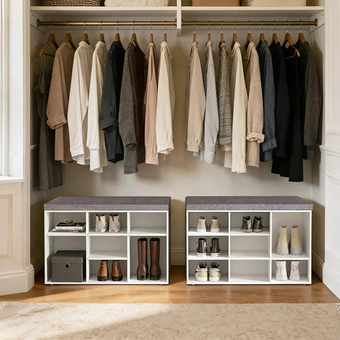 Cushioned Shoe Storage Bench With 9 Cubbies And Adjustable Shelves, A Must-Have Entryway Organizer, in closet, white.