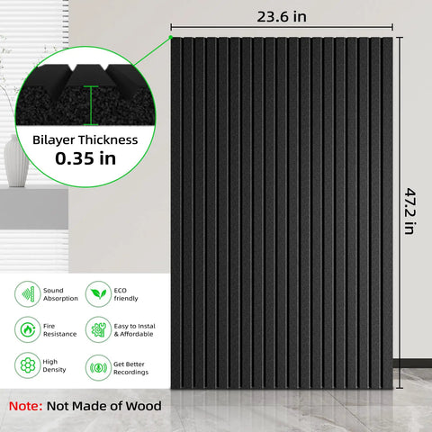 Beefy 5 Pack Self Adhesive Sound Proof Foam Panels For Walls, Large 47.2 By 23.6 Inches, black acoustic panel with dimensions.