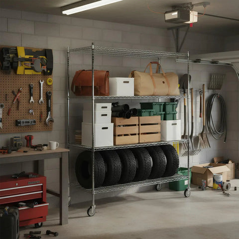 Heavy Duty 5 Tier Wire Shelving With Wheels Mobile Steel Storage Rack Each Layer Up To 250Kg Per Shelf Easy Tool Free Assembly Perfect For Garage Workshop And Home Organization in garage