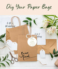 Brown Kraft Gift Bags With Handles 5.25x3.75x8 Inches 20 Pack, floral setup with envelopes and tags for occasion