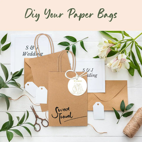 Brown Kraft Gift Bags With Handles 5.25x3.75x8 Inches 20 Pack, floral setup with envelopes and tags for occasion