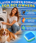 3-layer Heavy Duty Washer Cleaning Tabs For Pet Houses dissolve fur and gunk, shown with a woman and dog near a washing machine.