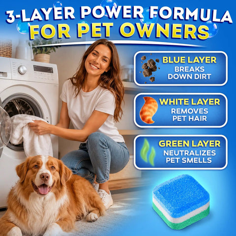 3-layer Heavy Duty Washer Cleaning Tabs For Pet Houses dissolve fur and gunk, shown with a woman and dog near a washing machine.