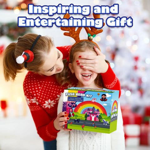 Festive moment with child holding 32000 Fuse Beads Kit With 32 Colors And 6 Pegboards For Kids Ages 5 And Up