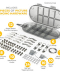 85-piece all in one picture hanging kit with level tool, sawtooth, wire hangers, and durable hardware case displayed.