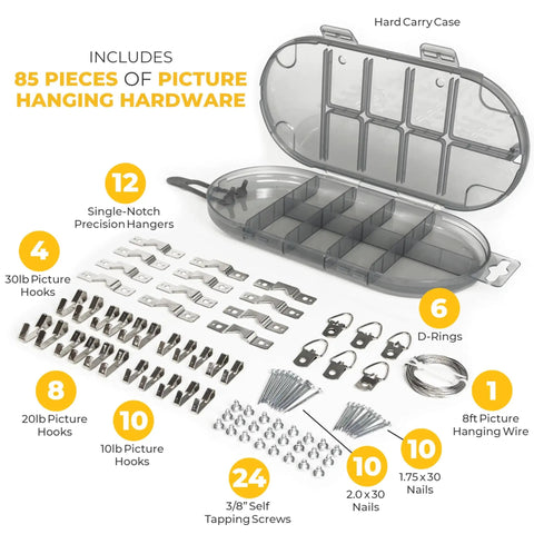 85-piece all in one picture hanging kit with level tool, sawtooth, wire hangers, and durable hardware case displayed.