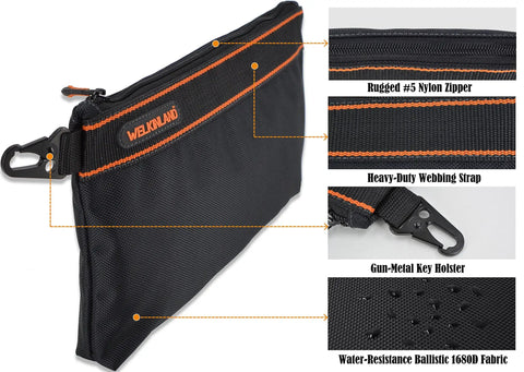 Close-up view of a black 13-inch zip pouch from the 4 Pack Small Tool Pouches Set With Clips Heavy Duty Electrician Tool Bags Zippered Pouches For DIY Projects Home Improvement On The Job Great For Tiny Parts And Accessories And Gear, featuring rugged nylon zipper, webbing strap, and ballistic fabric.