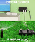 Beastly Outdoor IPX6 Waterproof Power Strip with Eight Outlets and Three USB Ports used indoors and outdoors in grass and office setup.