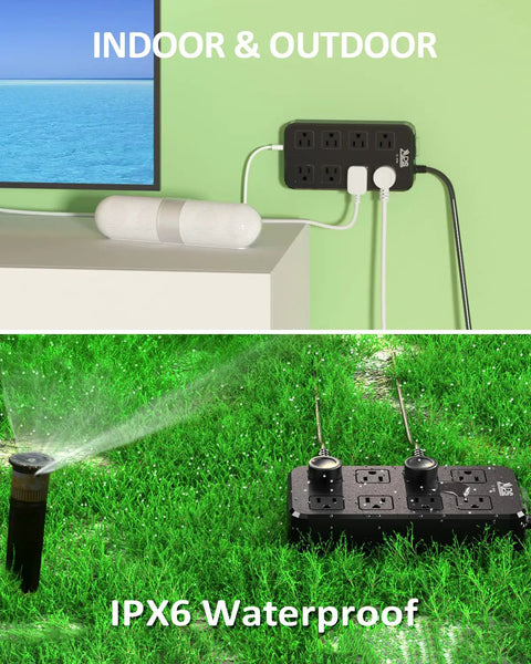 Beastly Outdoor IPX6 Waterproof Power Strip with Eight Outlets and Three USB Ports used indoors and outdoors in grass and office setup.