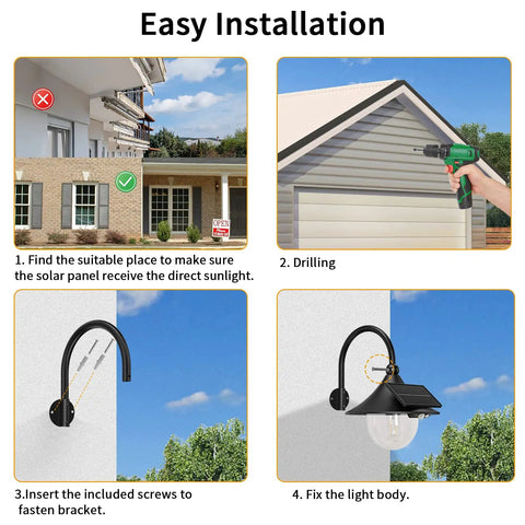 Easy installation steps for Solar Powered Outdoor Barn Lights 2 Pack With Motion Sensor, Dusk To Dawn Auto On, Wall Mount