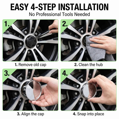 Easy installation process for Slick Silver Wheel Hub Center Caps Featuring Snap In Tight Fit Abs Hub Covers for Cars Trucks and Suv.