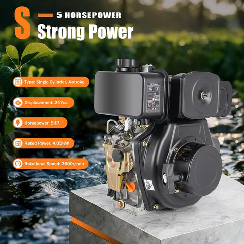 5HP Diesel Engine 247cc 4 Stroke Single Cylinder Hand Start With 3600 RPM on display, rugged design for pumps and tillers
