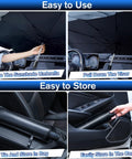 Windshield Sun Shade Umbrella For Cars With 360 Degree Rotating Bendable Handle, usage and storage in car interiors.
