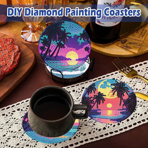 8 Piece Diamond Painting Coasters Kit With Holder For Newbies And Grown Ups on dining table with colorful landscape design