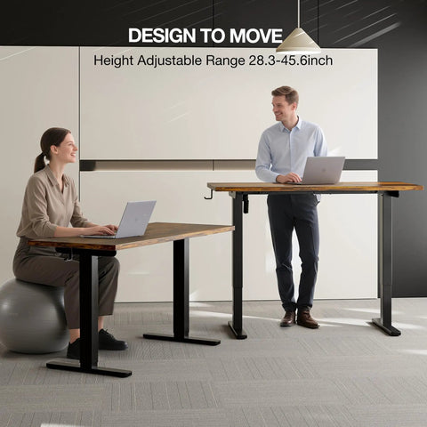 Two people using an Electric Standing Desk With Easy Height Adjust, Memory Presets And Cable Management, Rustic Brown Sit Stand Desk For Work From Home, Ergonomic Computer Desk 48 Inch By 24 Inch with laptops