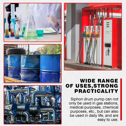 Heavy Duty Manual Drum Siphon Pump With Replacement Flex Hose For 55 Gallon Barrels for transferring liquids in various containers.