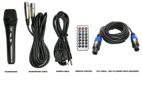 Cables and microphone for All In One 10 Inch Powered DJ Speaker Pair With 1000W Peak Power Party Ready Pro Bass Amplified PA System