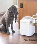 Air Tight Pet Food Storage Canister With Gamma Seal Lid beside dog during feeding, Keeps Fresh Tasting Dry Food, Holds Up To 35 Lbs