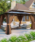 12x10 Foot Hardtop Gazebo With Aluminum Frame Go To Outdoor Pavilion Curtains And Netting Double Polycarbonate Roof For UV Protection Air Flow Garden Lawn Patio Brown installed in backyard with seating area.