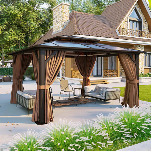 12x10 Foot Hardtop Gazebo With Aluminum Frame Go To Outdoor Pavilion Curtains And Netting Double Polycarbonate Roof For UV Protection Air Flow Garden Lawn Patio Brown installed in backyard with seating area.